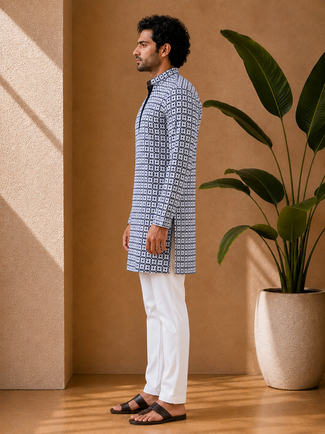 Navy Blue Geometric Printed Short Kurta