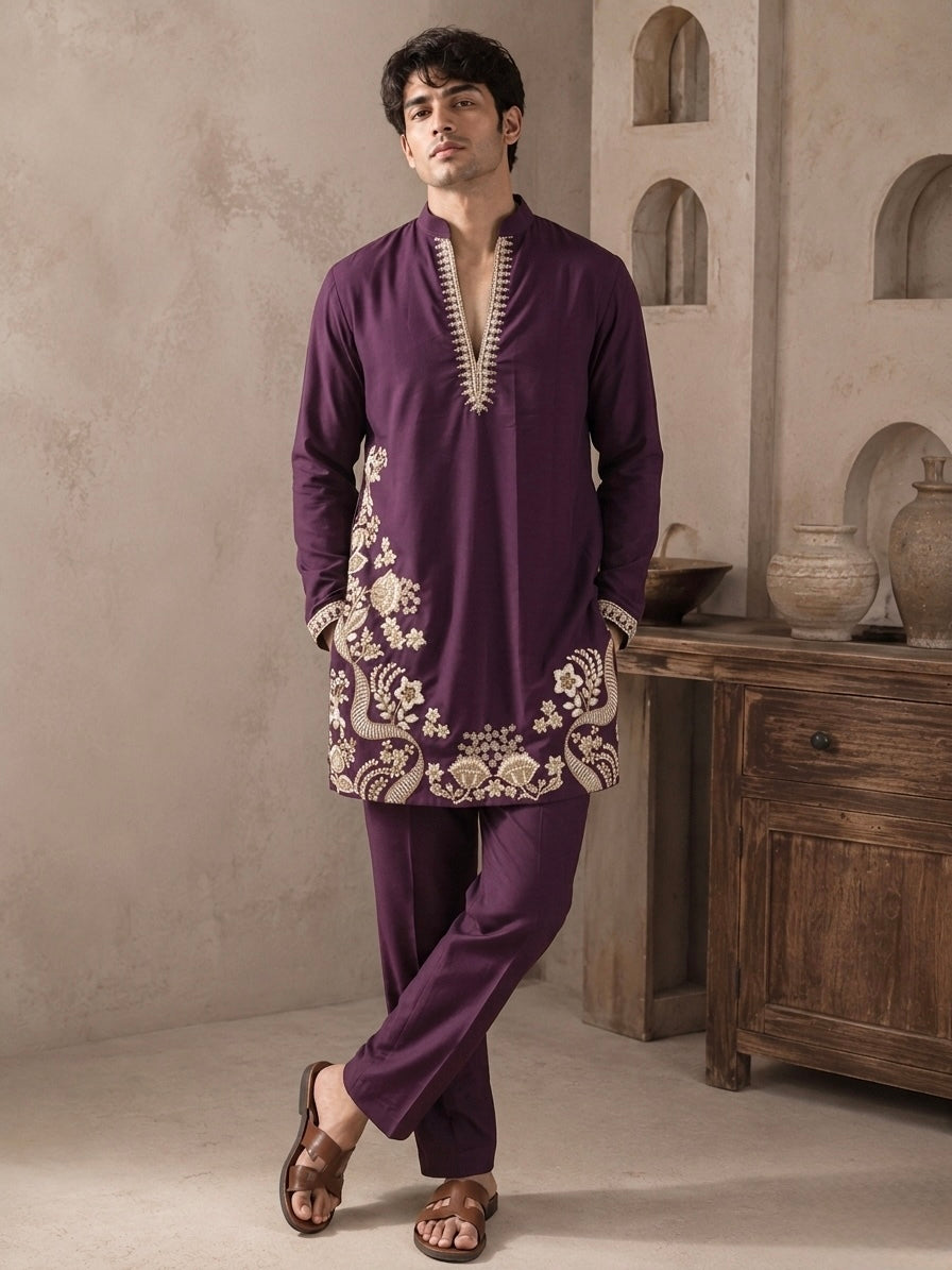 Wine Regal Embroidered V-Neck Short Kurta