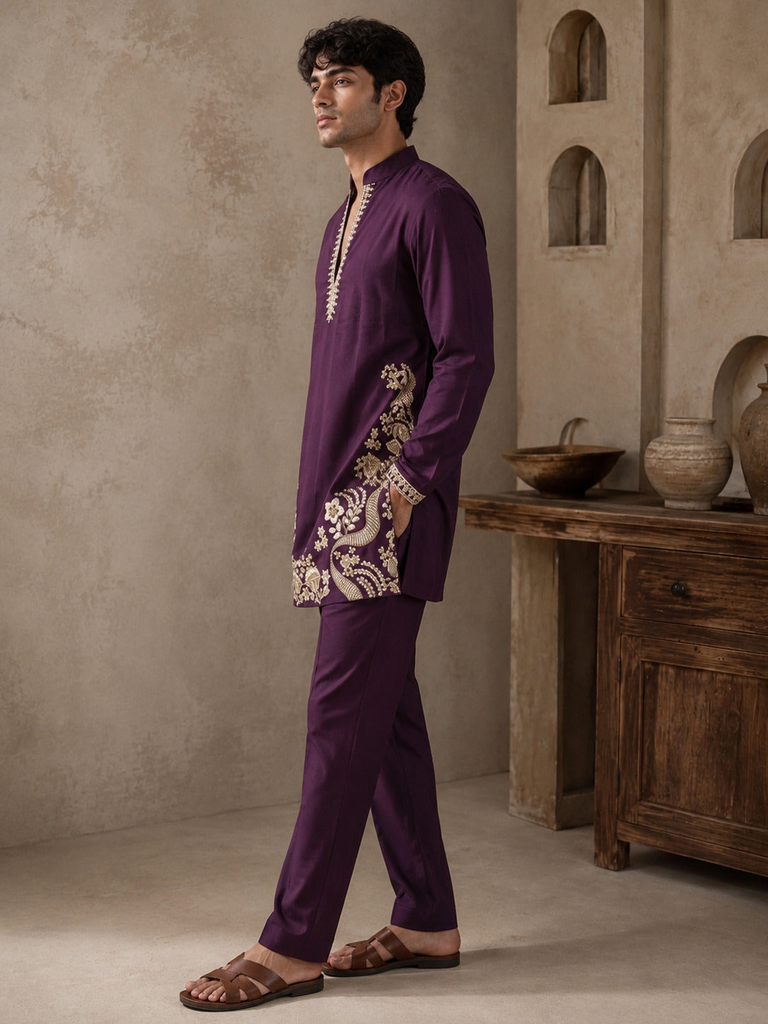 Wine Regal Embroidered V-Neck Short Kurta