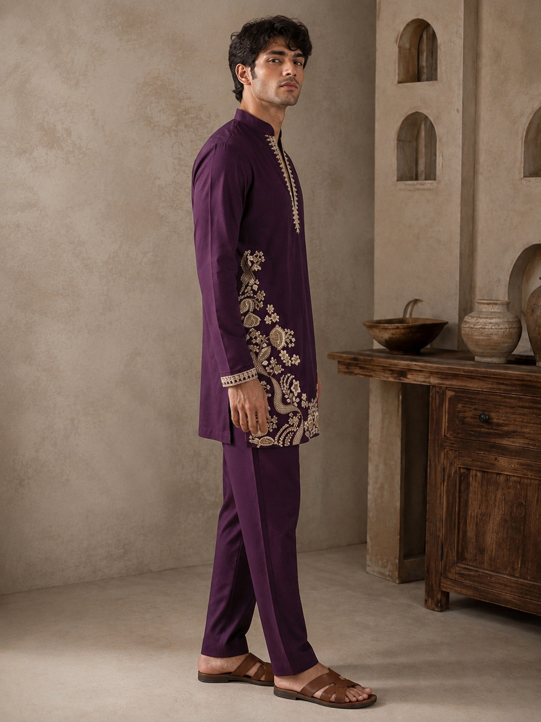 Wine Regal Embroidered V-Neck Short Kurta