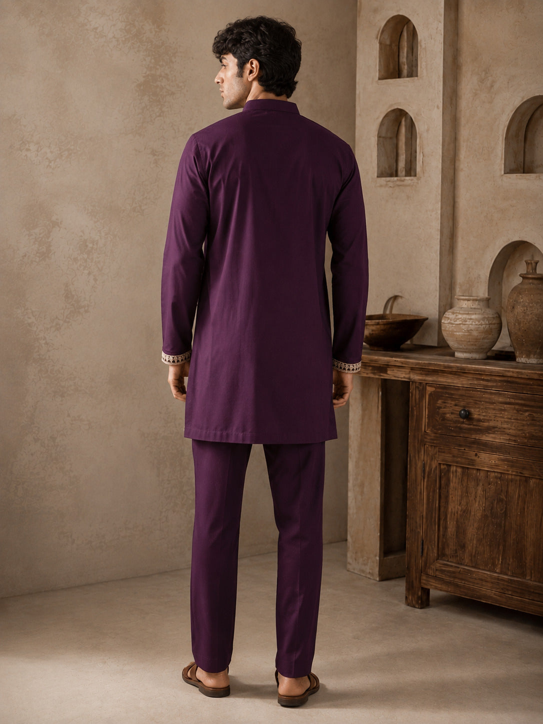 Wine Regal Embroidered V-Neck Short Kurta