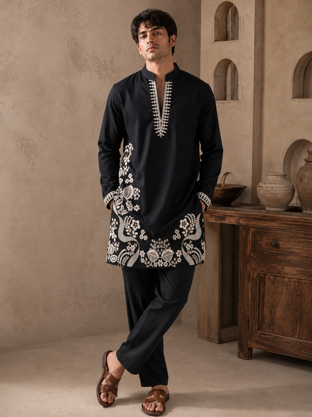 Black Regal Embroidered V-Neck Short Kurta