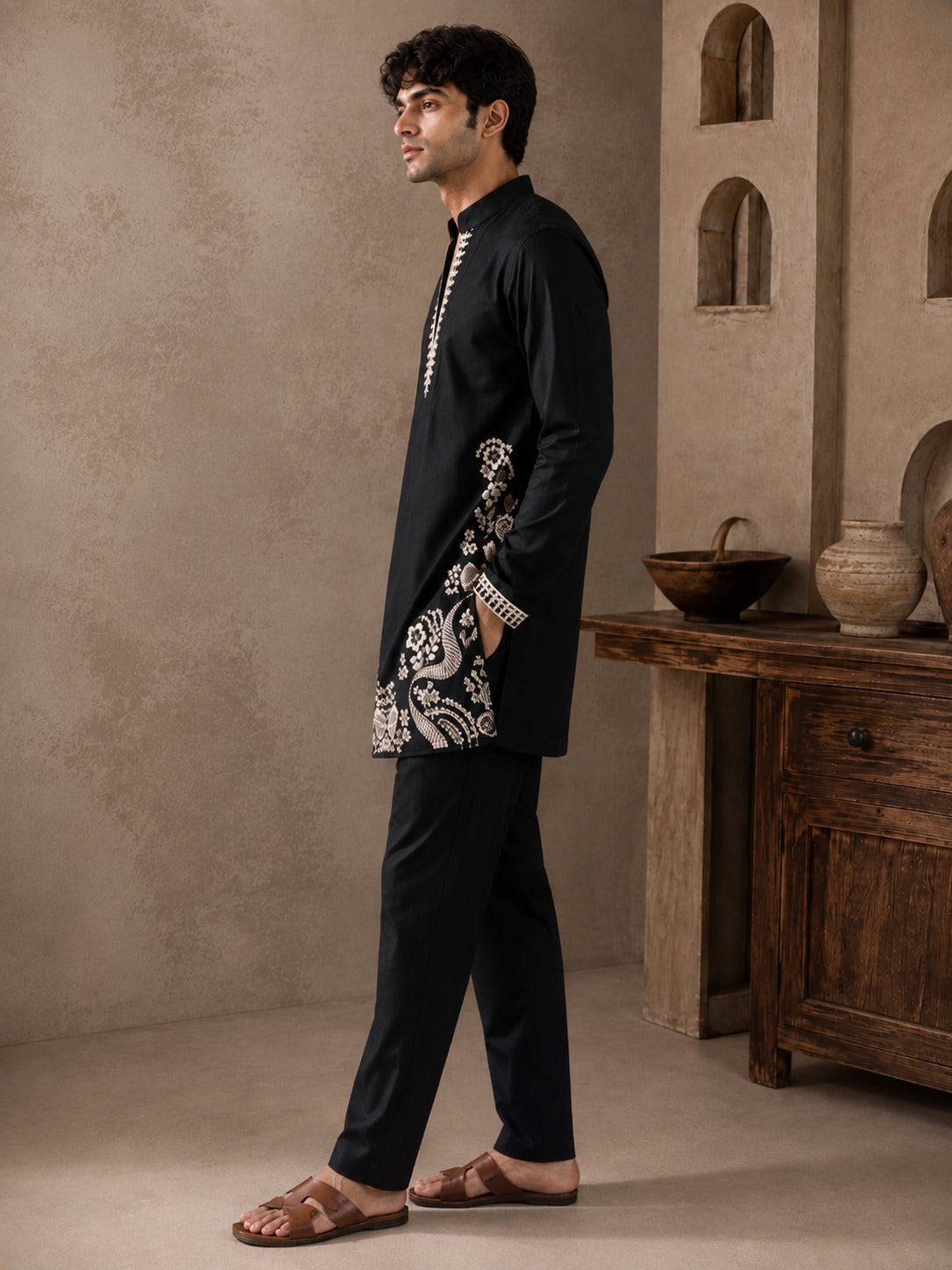 Black Regal Embroidered V-Neck Short Kurta