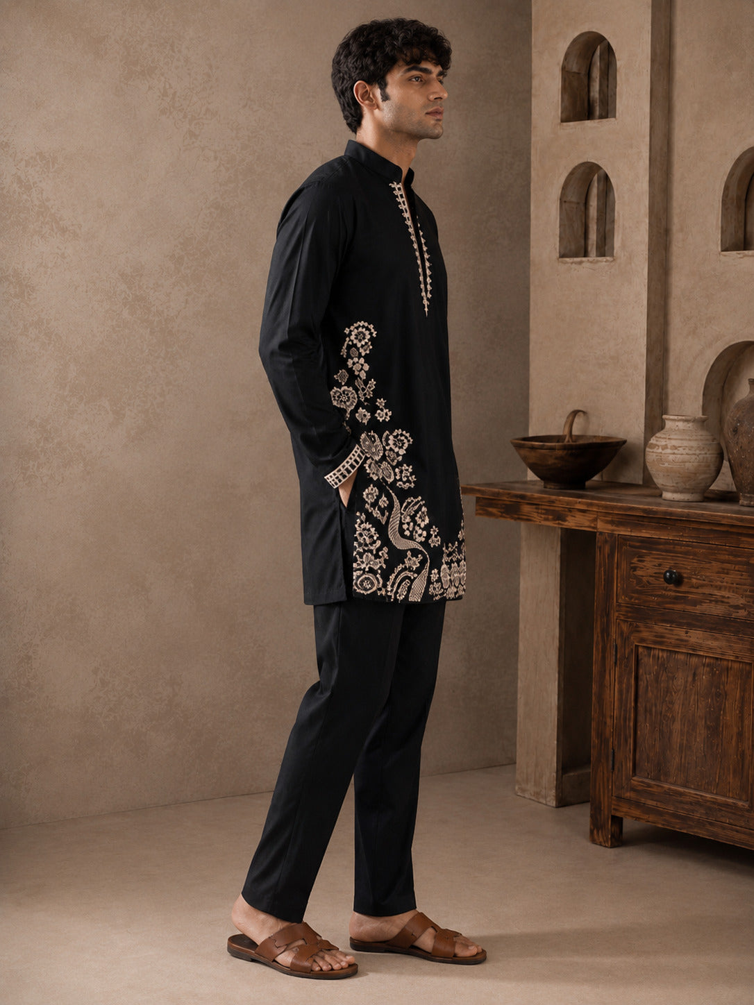 Black Regal Embroidered V-Neck Short Kurta
