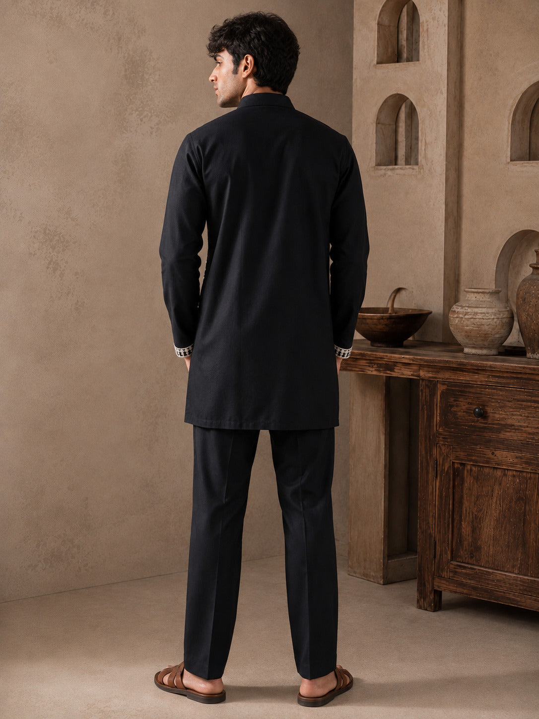Black Regal Embroidered V-Neck Short Kurta