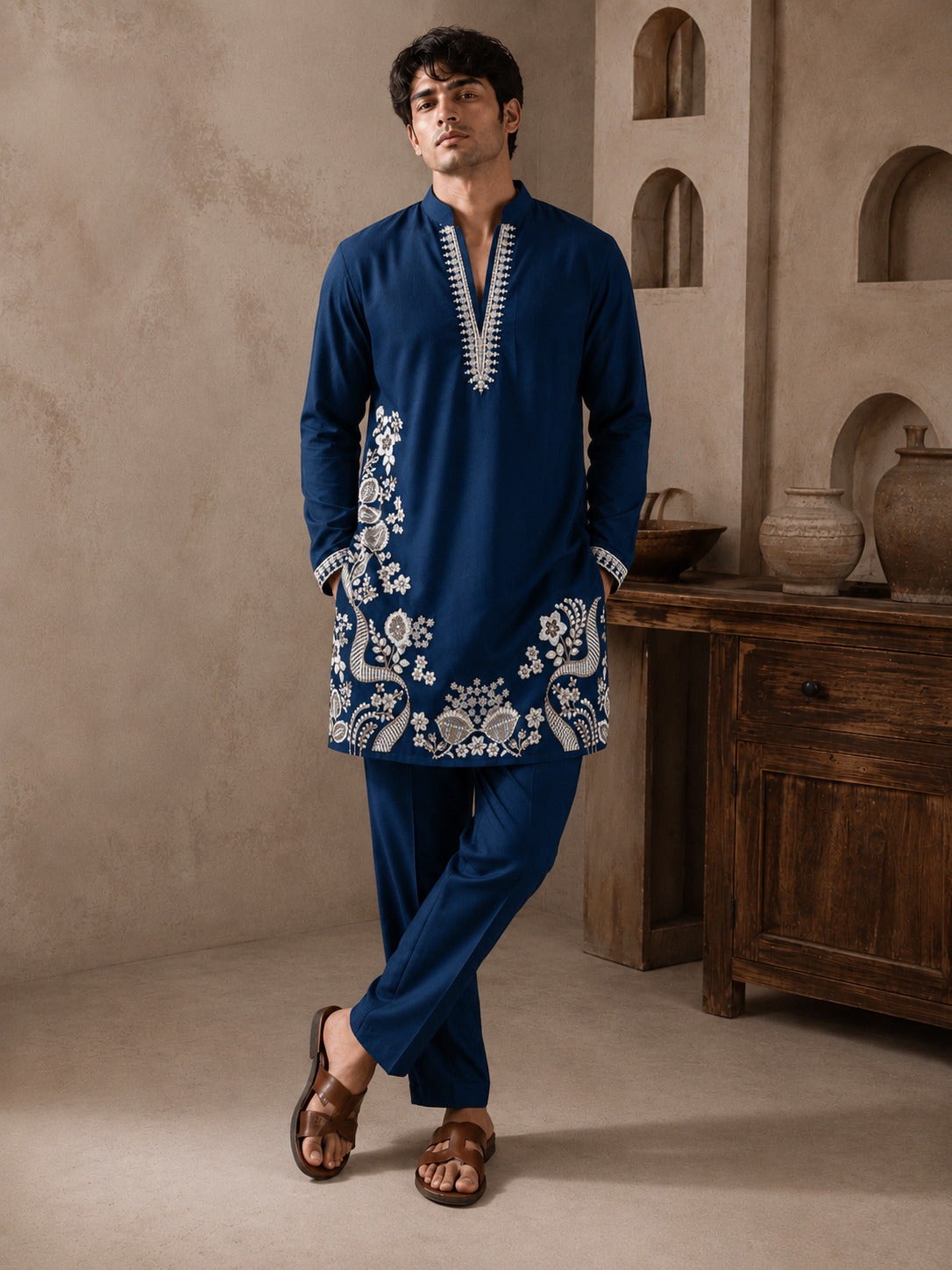 Peacock Green Regal Embroidered V-Neck Short Kurta