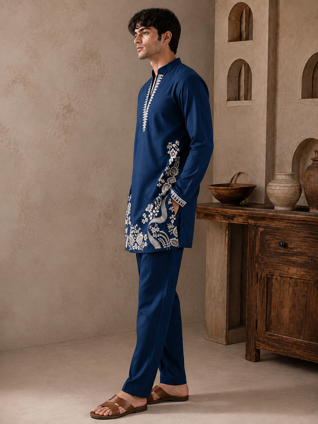 Peacock Green Regal Embroidered V-Neck Short Kurta