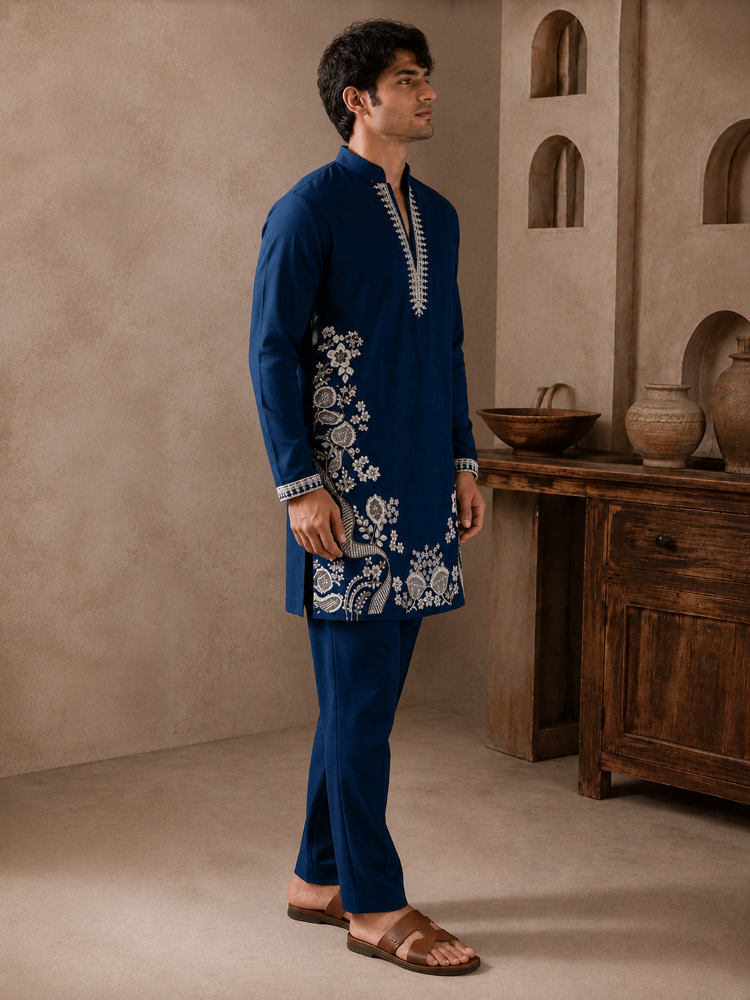 Peacock Green Regal Embroidered V-Neck Short Kurta