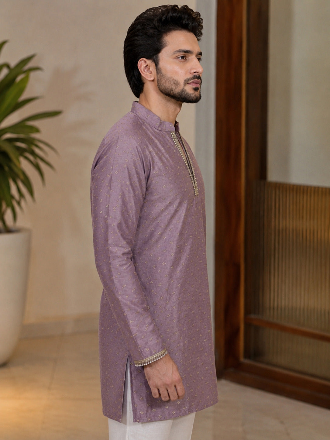 Lavender Fancy V-Neck Short Kurta