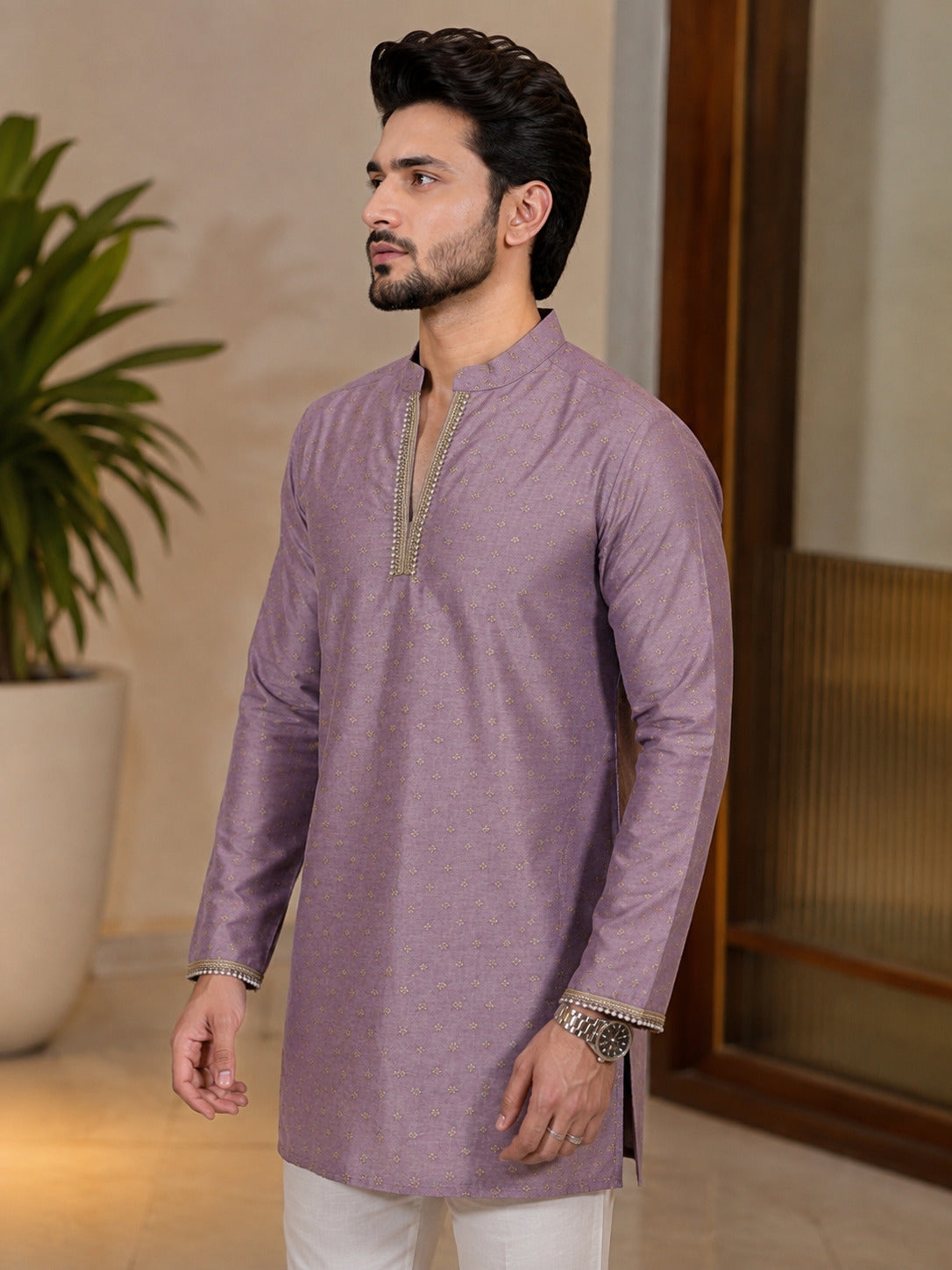 Lavender Fancy V-Neck Short Kurta