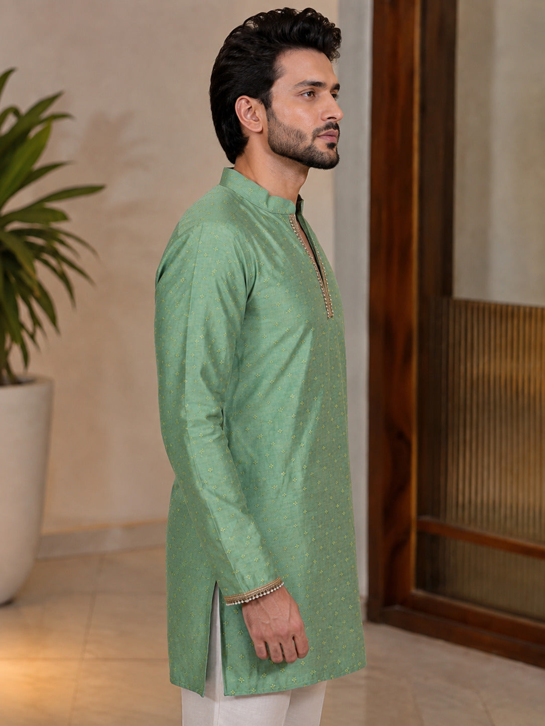 Green Fancy V-Neck Short Kurta