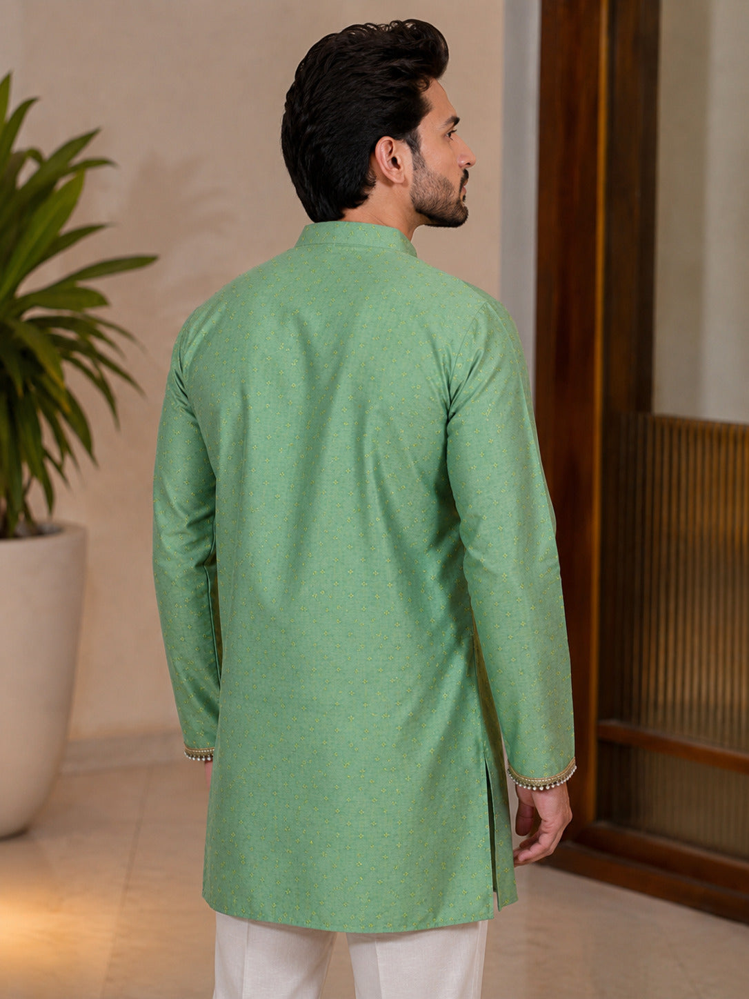 Green Fancy V-Neck Short Kurta