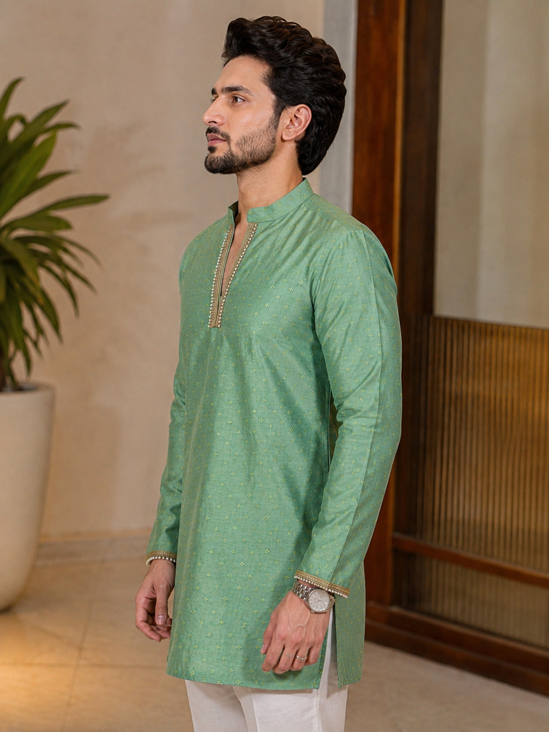 Green Fancy V-Neck Short Kurta