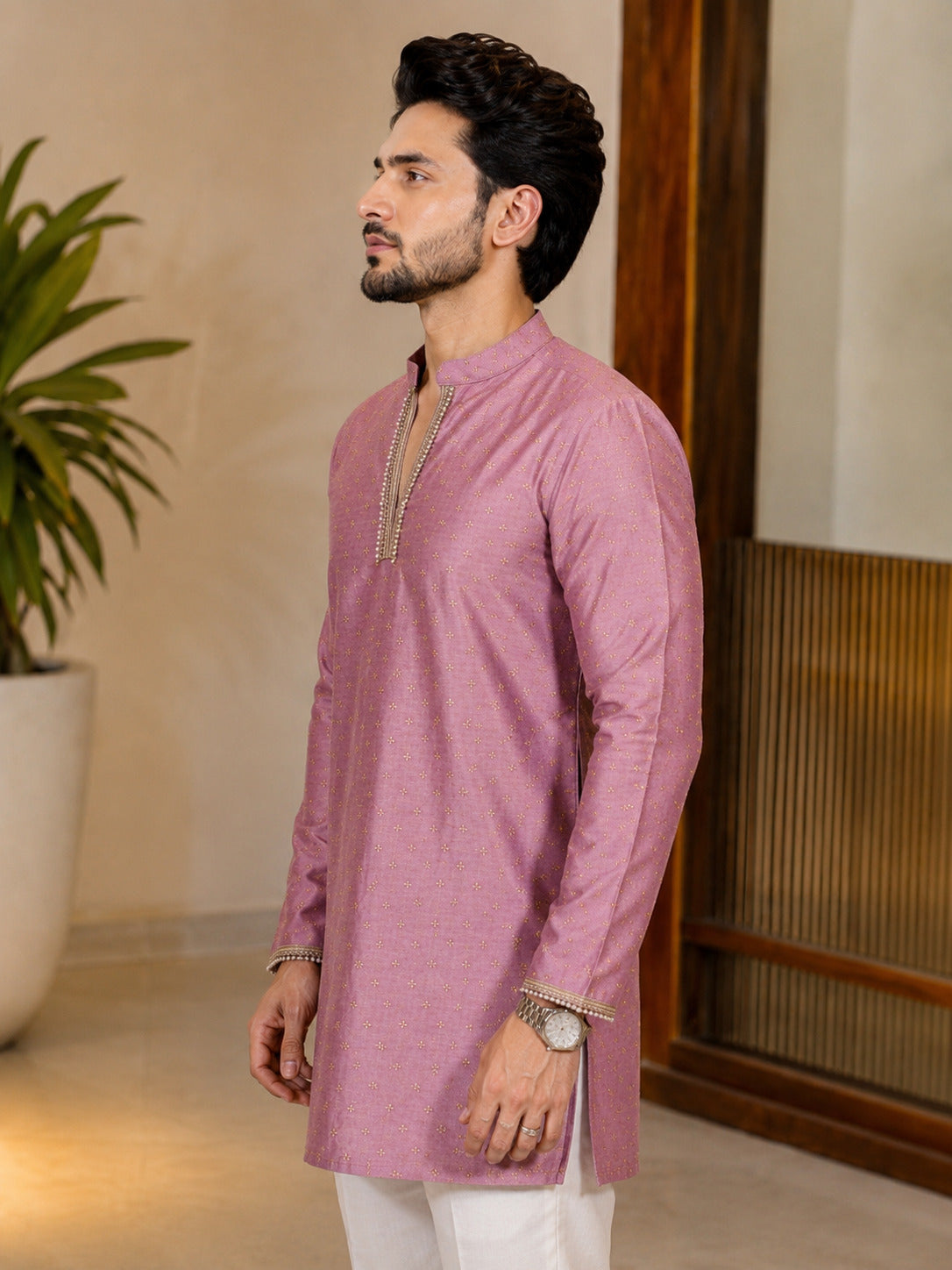 Pink Fancy V-Neck Short Kurta