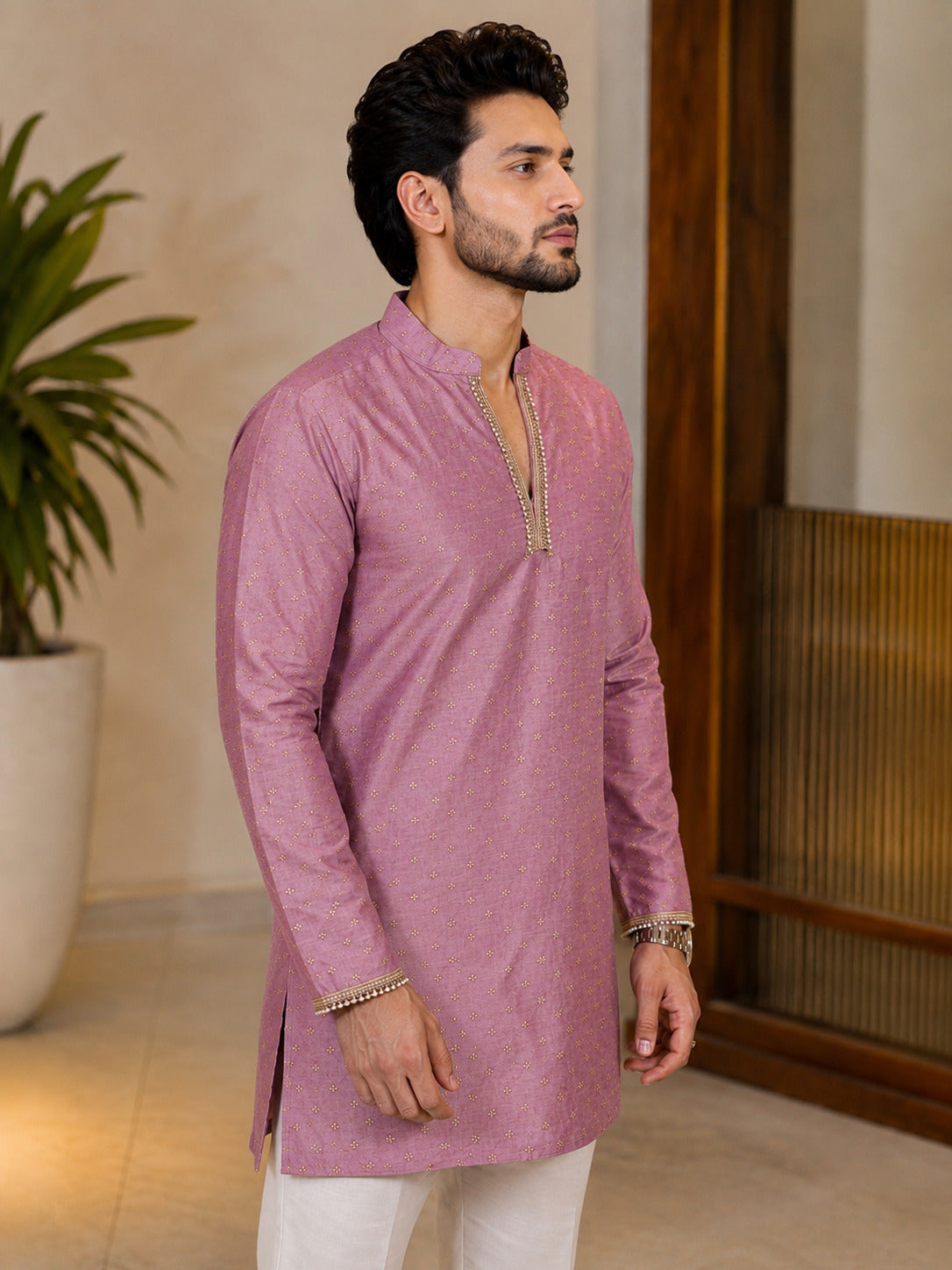 Pink Fancy V-Neck Short Kurta