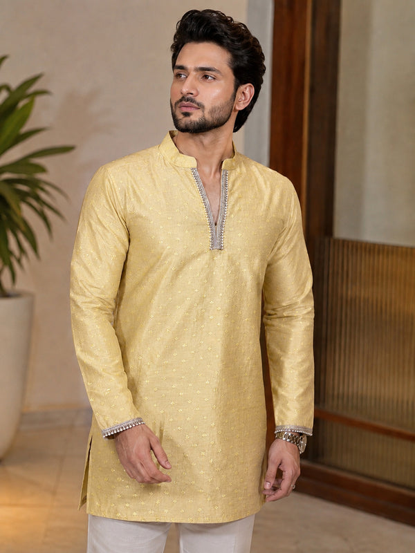 Yellow Fancy V-Neck Short Kurta