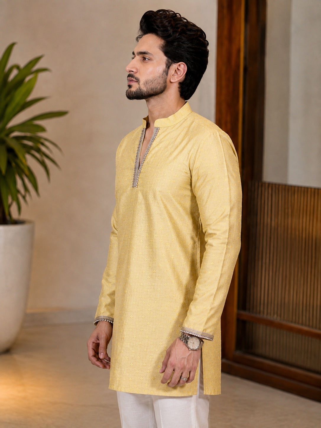 Yellow Fancy V-Neck Short Kurta