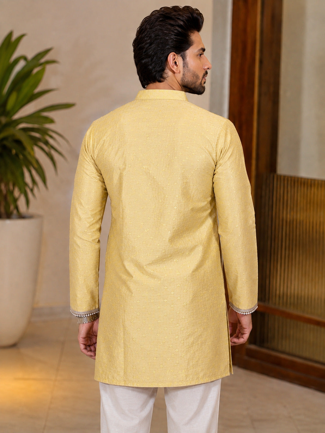 Yellow Fancy V-Neck Short Kurta