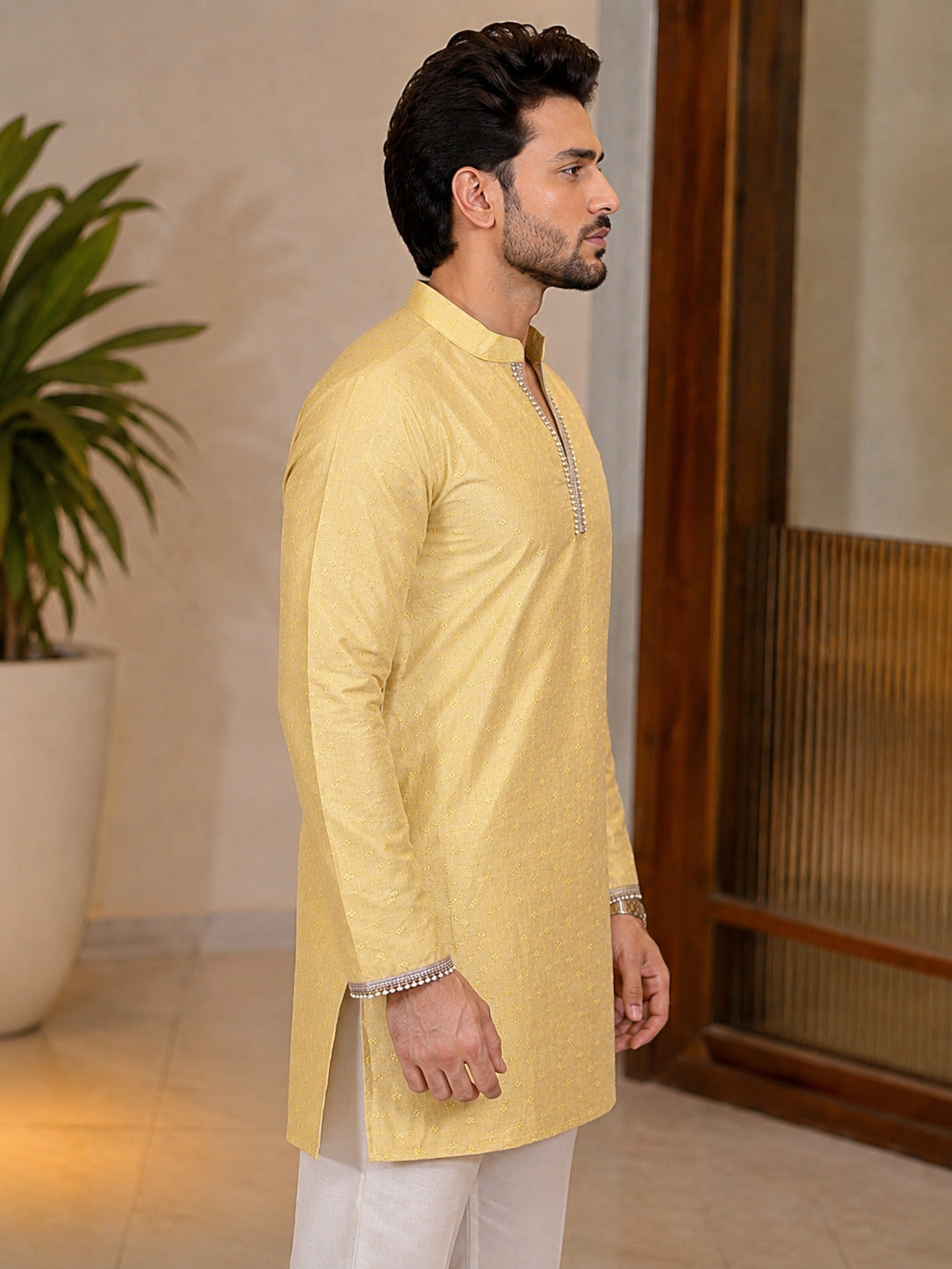 Yellow Fancy V-Neck Short Kurta