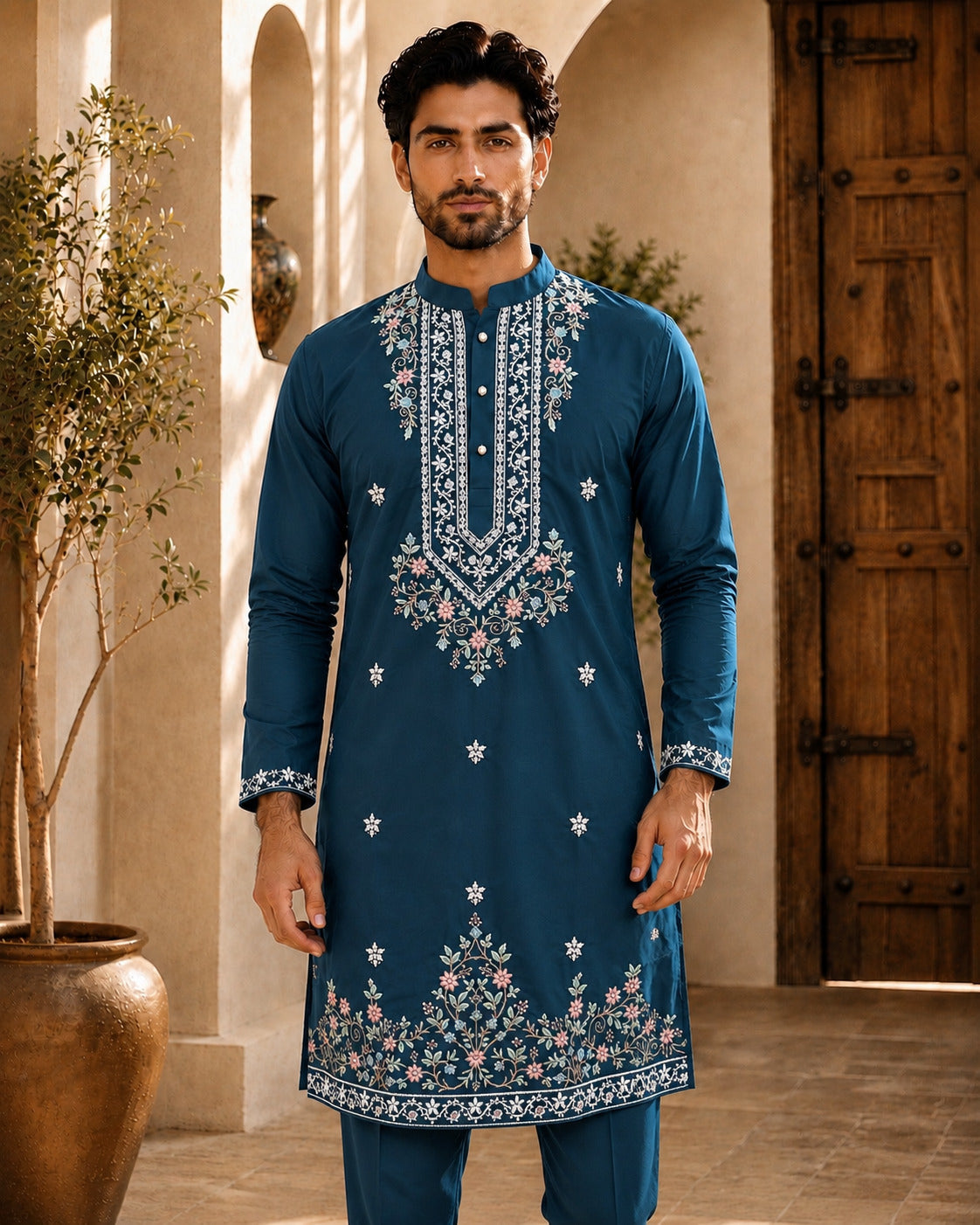 Peacock Blue Signature Embroidered Short Kurta
