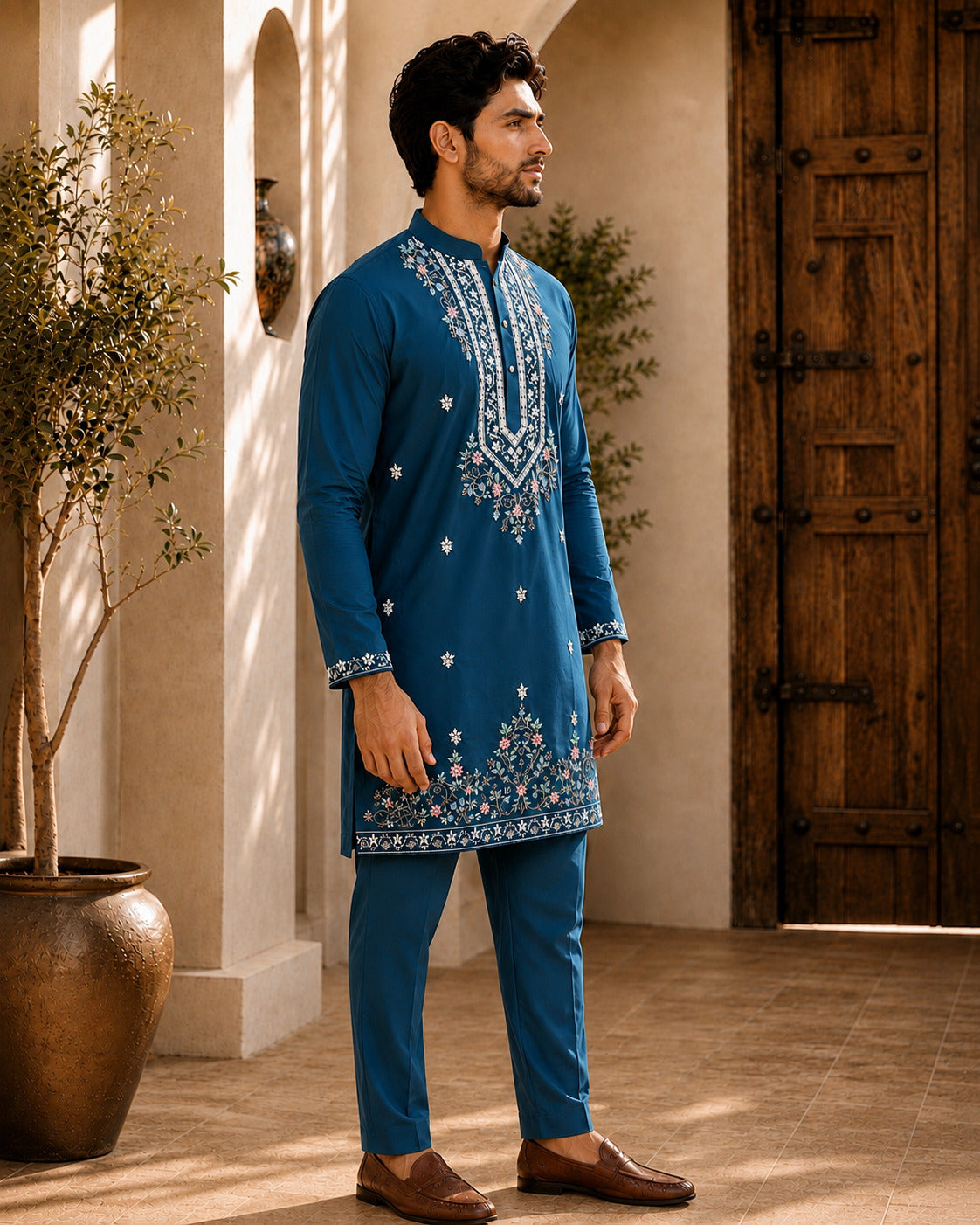 Peacock Blue Signature Embroidered Short Kurta