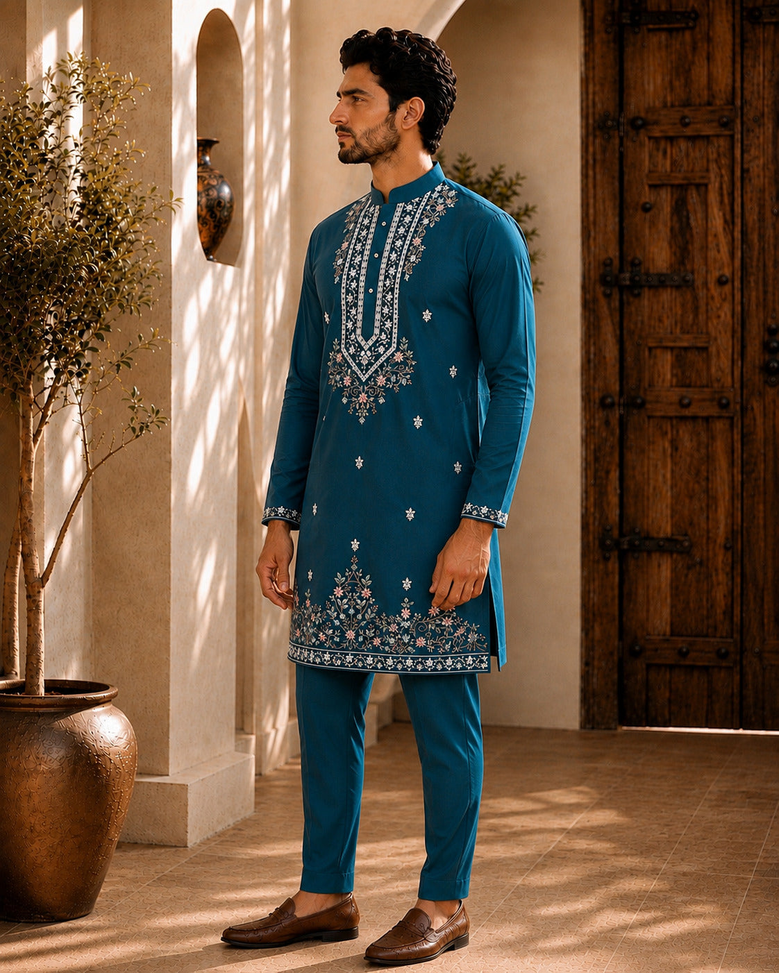 Peacock Blue Signature Embroidered Short Kurta