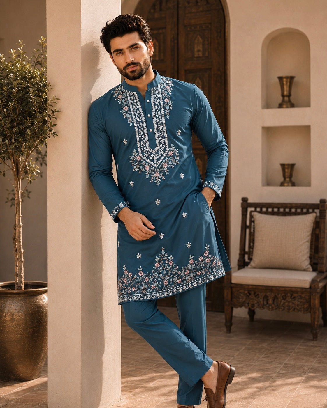 Peacock Blue Signature Embroidered Short Kurta