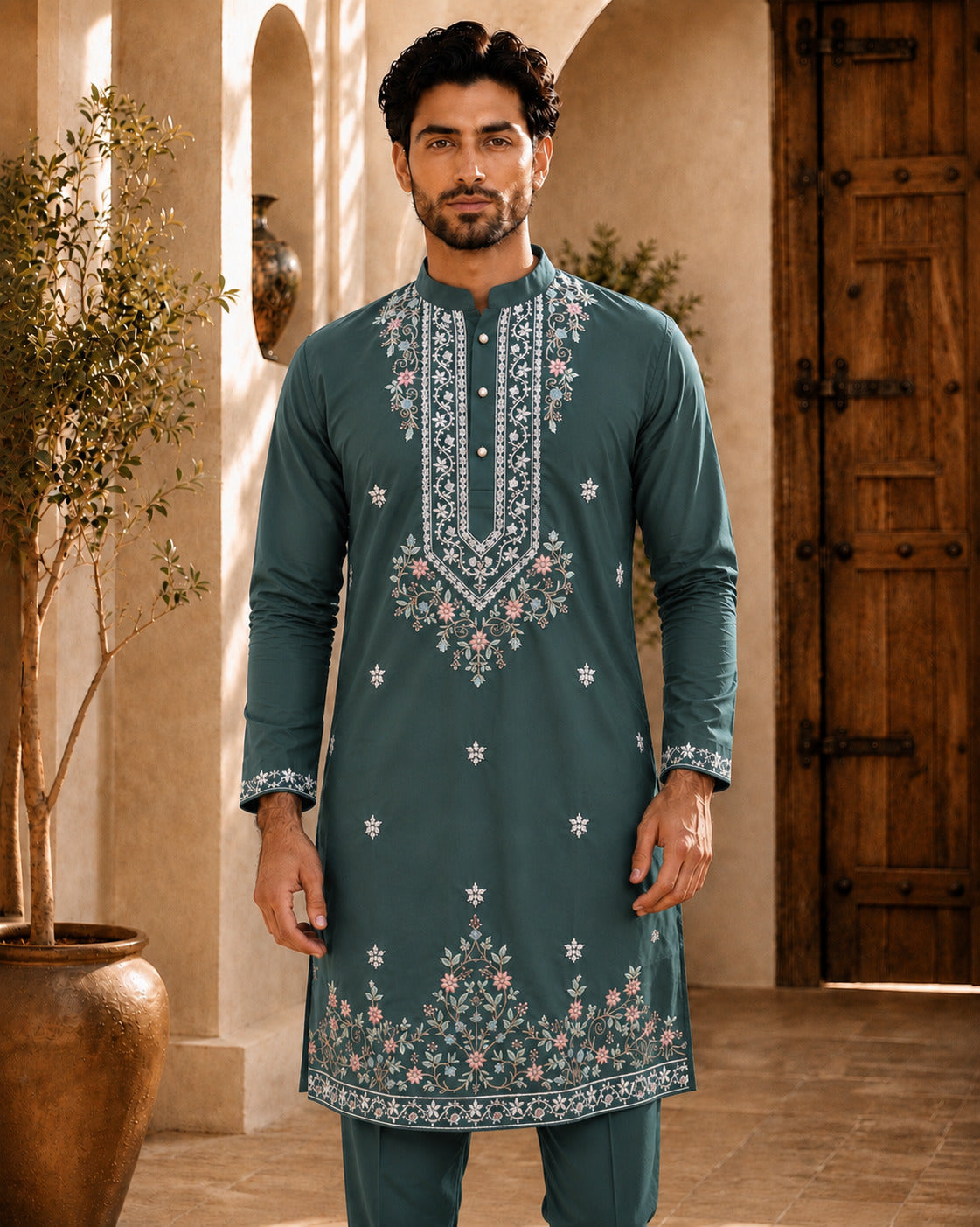 Green Signature Embroidered Short Kurta