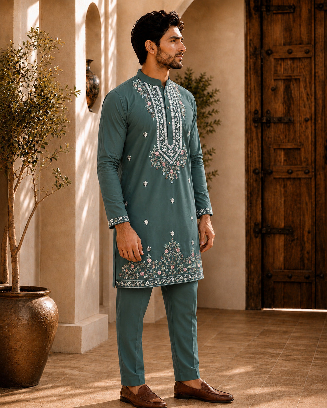 Green Signature Embroidered Short Kurta
