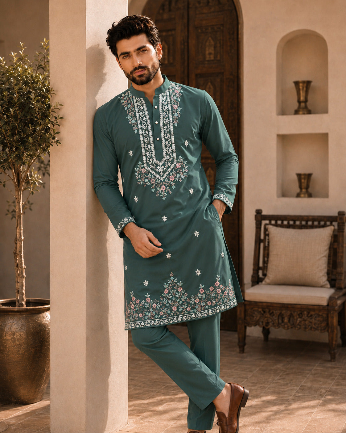 Green Signature Embroidered Short Kurta