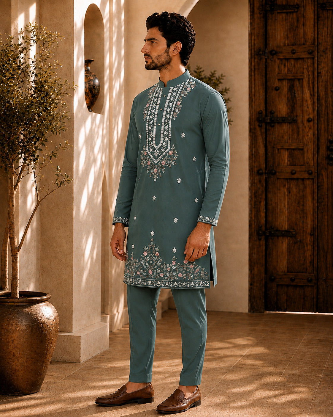 Green Signature Embroidered Short Kurta