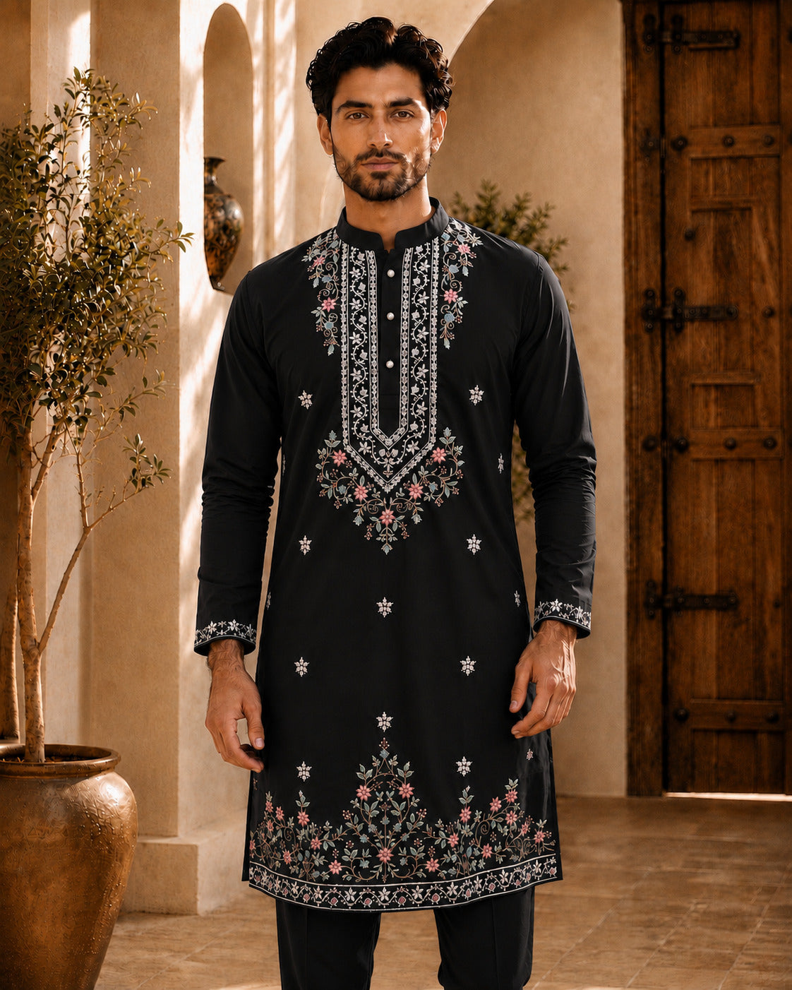 Black Signature Embroidered Short Kurta