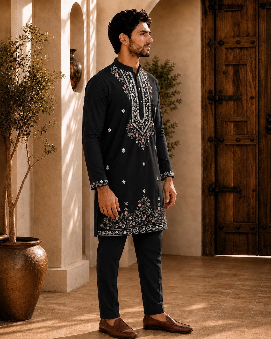 Black Signature Embroidered Short Kurta