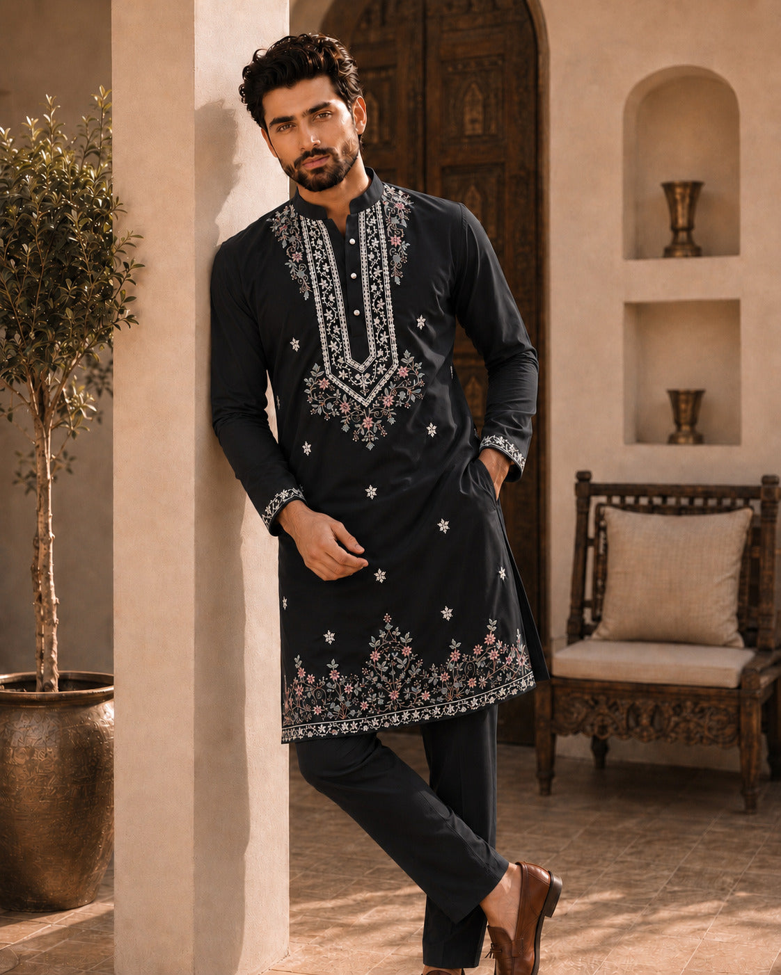 Black Signature Embroidered Short Kurta