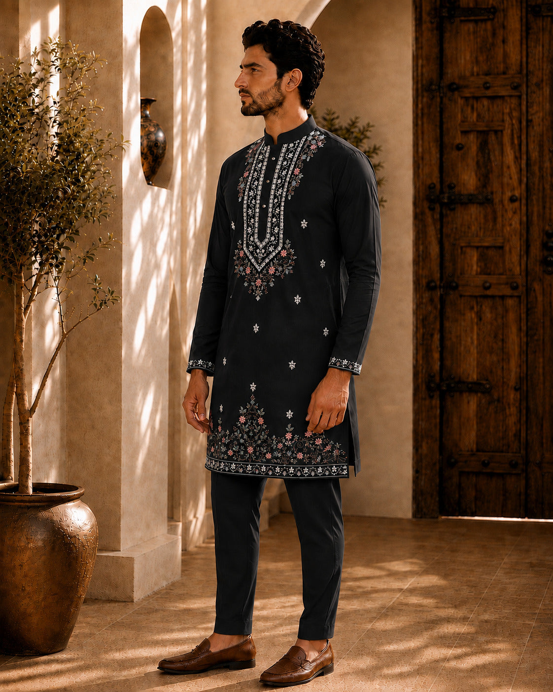 Black Signature Embroidered Short Kurta