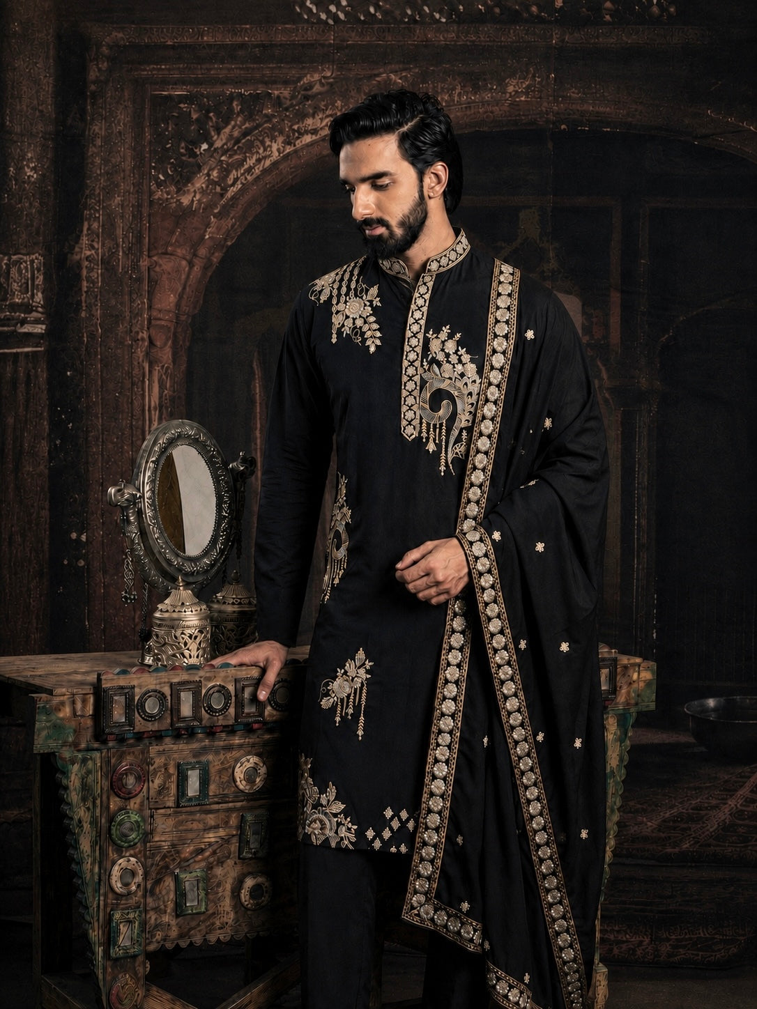Black Imperial Embroidered Kurta Set with Dupatta