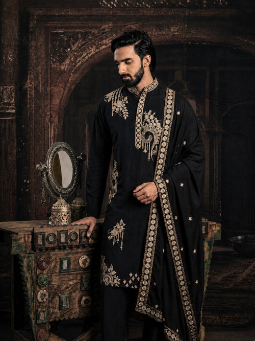 Black Imperial Embroidered Kurta Set with Dupatta