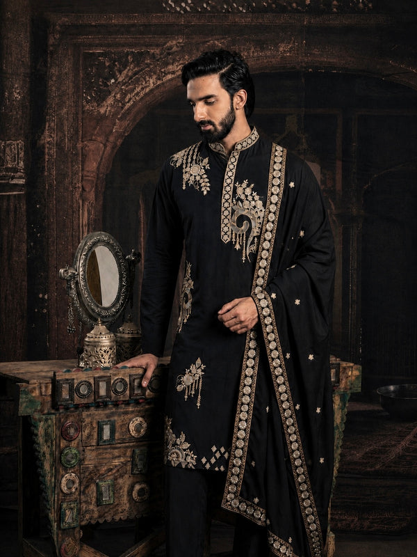 Black Imperial Embroidered Kurta Set with Dupatta