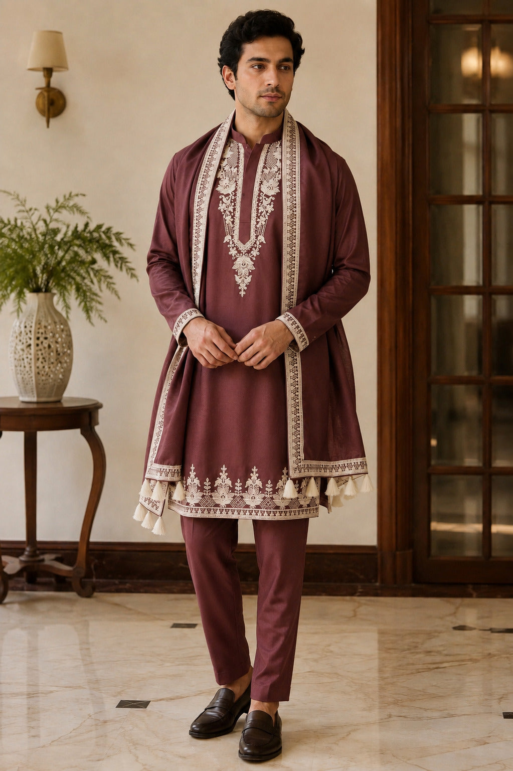 Maroon Embroidered Kurta Set with Dupatta