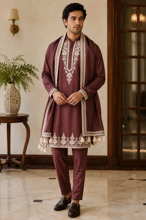 Maroon Embroidered Kurta Set with Dupatta