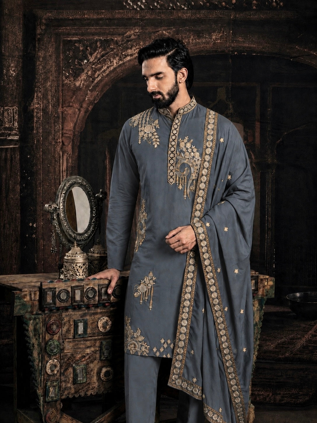 Gray Imperial Embroidered Kurta Set with Dupatta