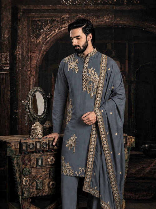Gray Imperial Embroidered Kurta Set with Dupatta