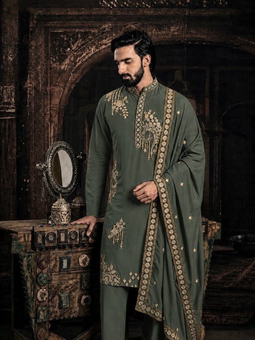 Green Imperial Embroidered Kurta Set with Dupatta