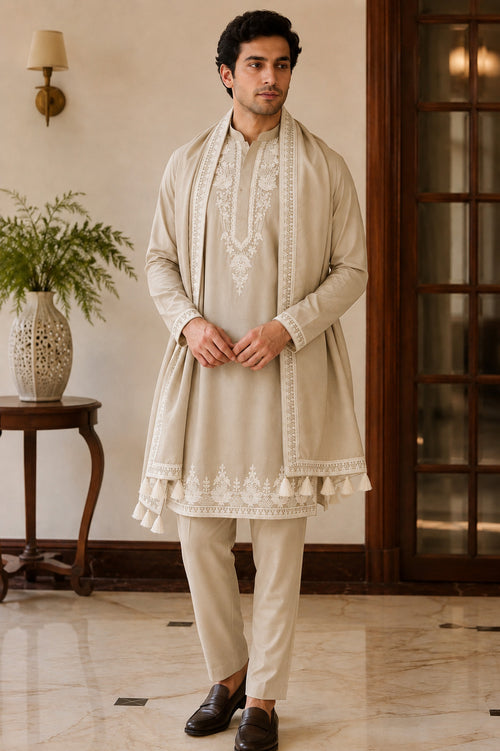Cream Embroidered Kurta Set with Dupatta