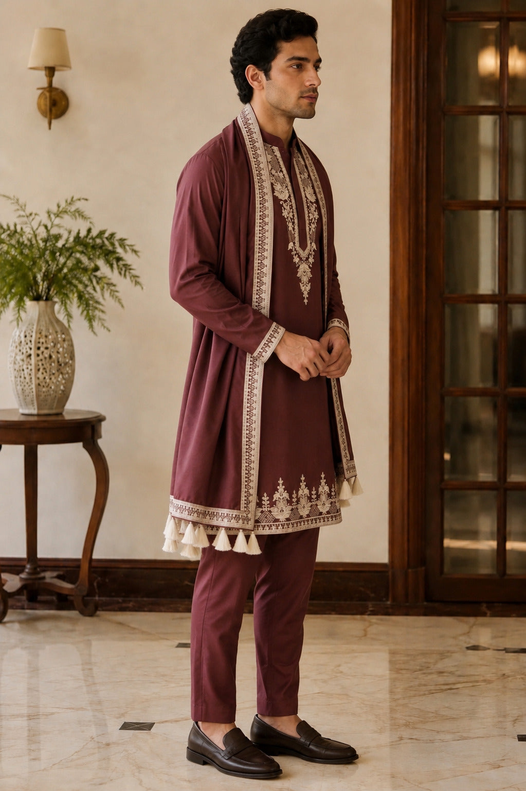 Maroon Embroidered Kurta Set with Dupatta
