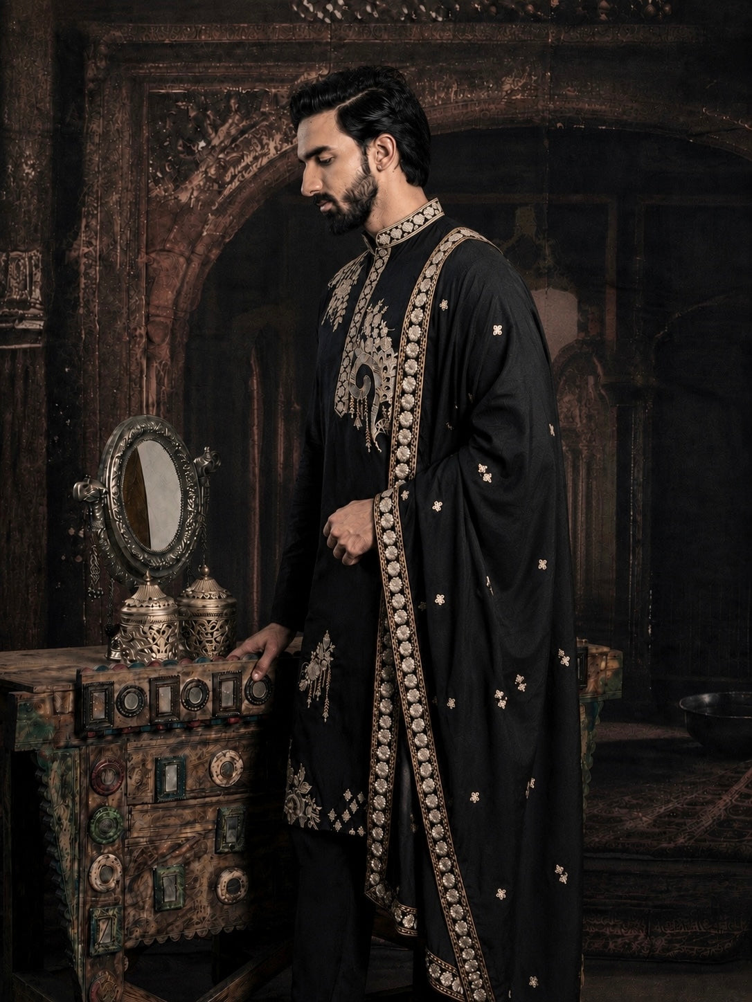 Black Imperial Embroidered Kurta Set with Dupatta