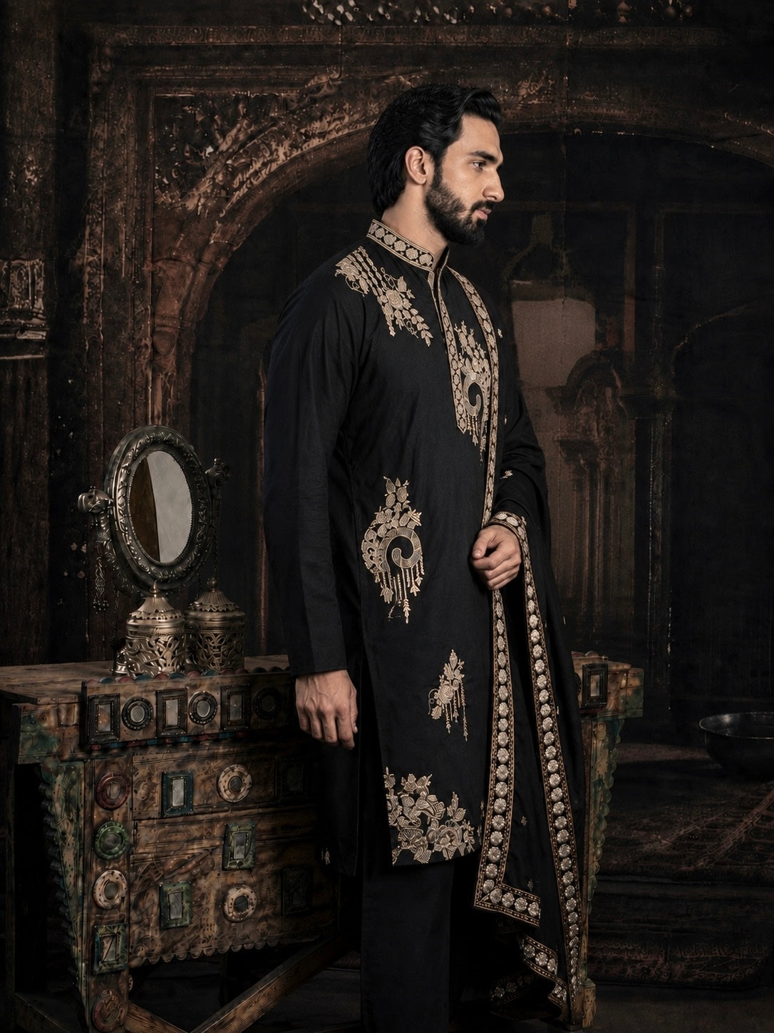 Black Imperial Embroidered Kurta Set with Dupatta
