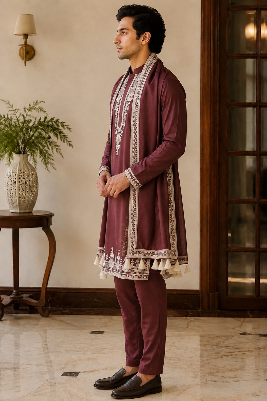 Maroon Embroidered Kurta Set with Dupatta