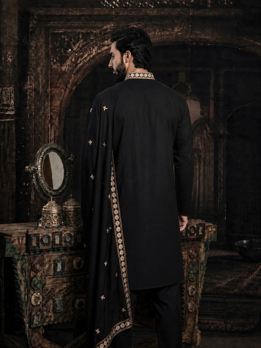 Black Imperial Embroidered Kurta Set with Dupatta