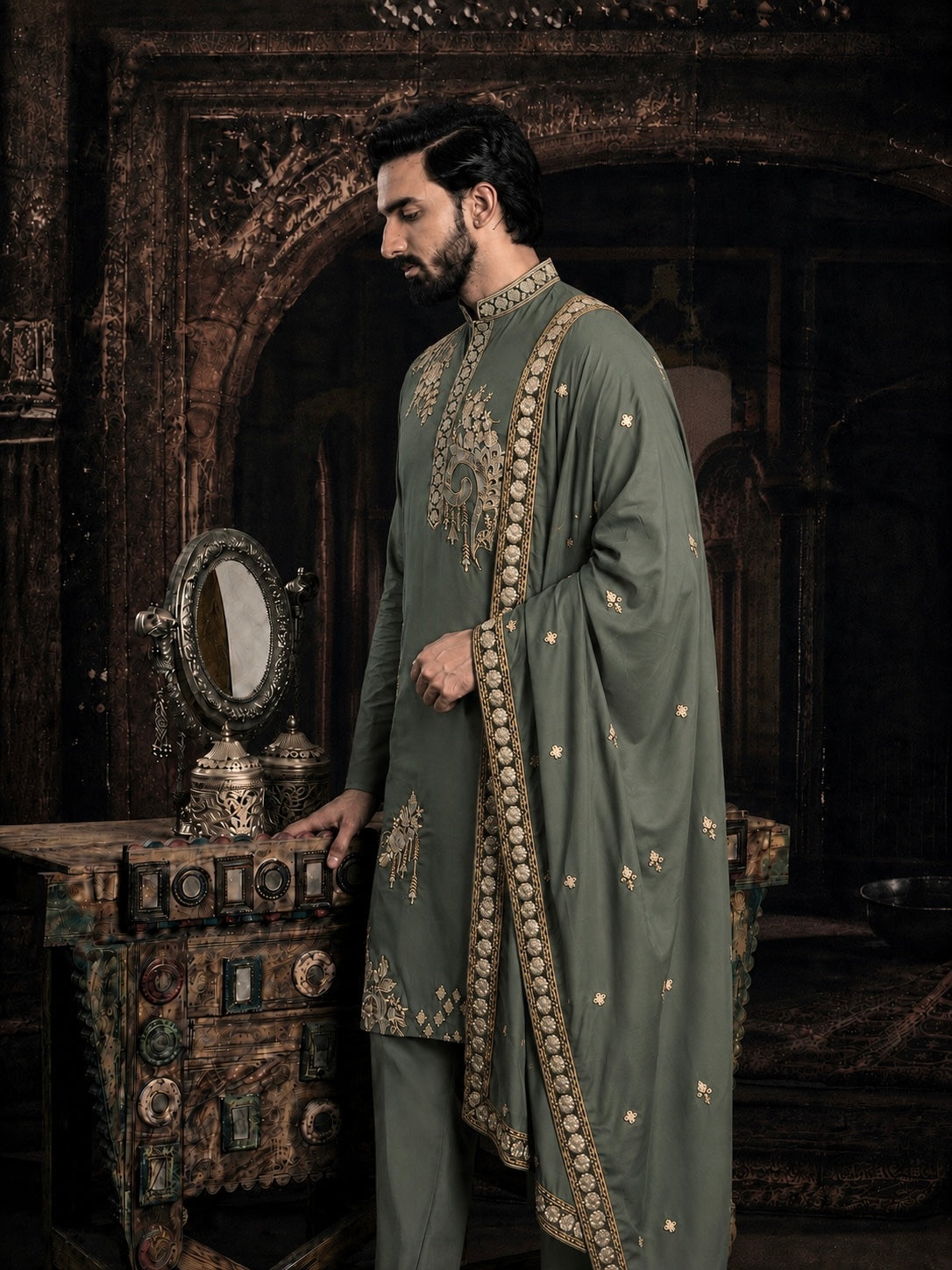 Green Imperial Embroidered Kurta Set with Dupatta